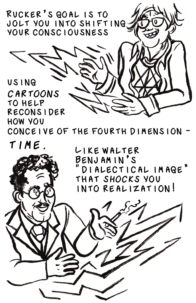 Rucker's goal is to jolt you into shifting your consciousness, using cartoons to help reconsider how you conceive of the fourth dimension- time. Rudy Rucker is shooting thunder bolts from his hands. Below is pictured Walter Benjamin shooting thunder bolts out of his hands while smoking a cigarette, and the text reads: like Walter Benjamin's Dialectical Image that shocks you into realization!